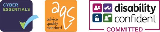 A banner showing the logos for Cyber Essentials, Advice Quality Standard, and Disability Confident Committed.
