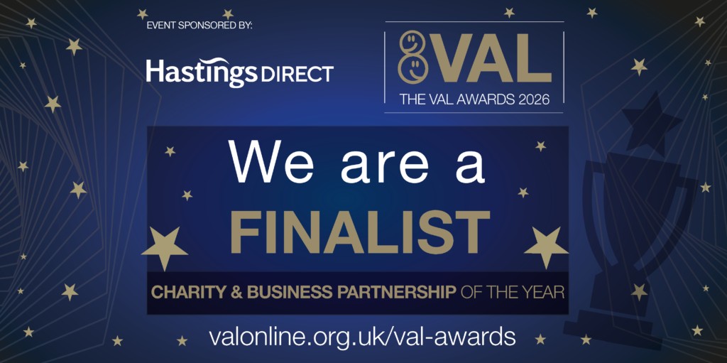 VAL Awards graphic on blue background: "We are a finalist - charity and business partnership of the year"